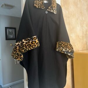 Leopard Trim Black Women's Coat